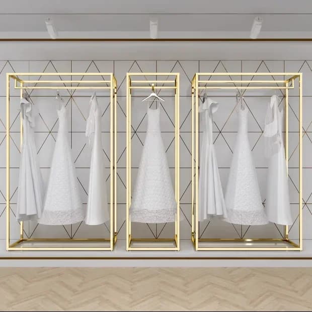 Per appendiabiti da sposa, espositore di fascia alta, appendiabiti da studio dorato montato sul pavimento, appendiabiti da negozio di vestiti in ferro