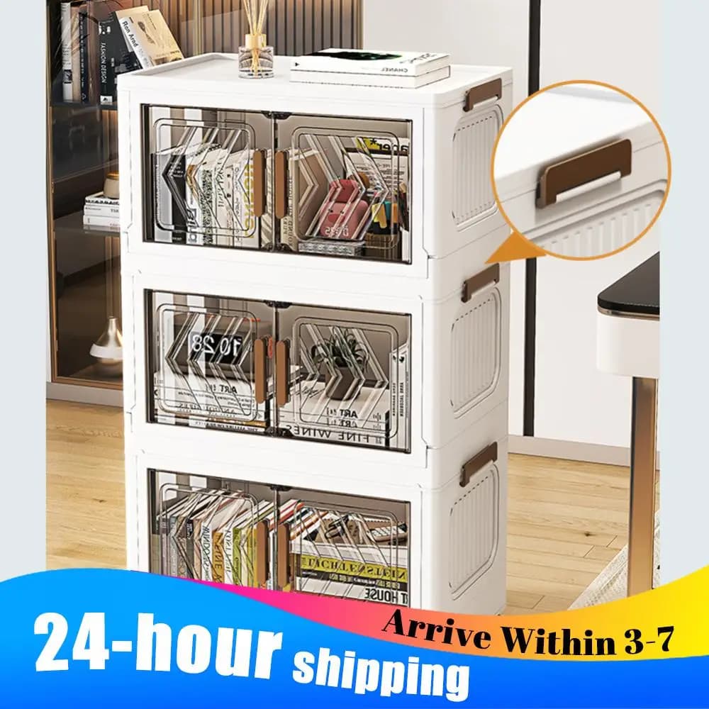 4 Level Impilable Containers with Door and Wheels, Plastic Cabinet, Spacious Folding Boxes for Bedroom and Living Room