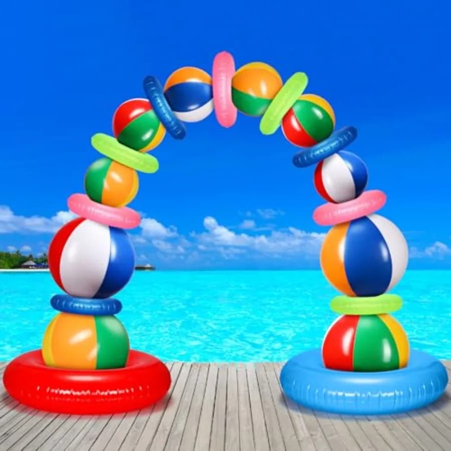 Kit Arco per Festa in Spiaggia Estiva: 4 Palloni Gonfiabili Giganti da 24 Pollici, 6 Palline da Piscina Arcobaleno da 16 Pollici, 11 Anelli Gonfiabili per Nuoto