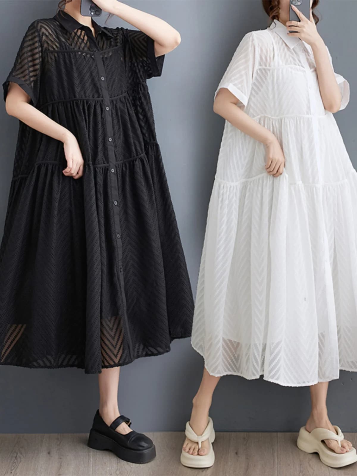 Summer 2026 Loose Casual Women's Shirt Dress Two-Piece Set Pure Color Hollow out Artistic Large Size Commute Style Midi Skirt