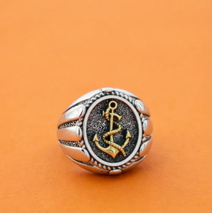 S925 Sterling Silver Ring Fashionable and Personalized Retro Thai Silver Scout Flower Open Ring Boat Anchor Pattern Men's and Wo
