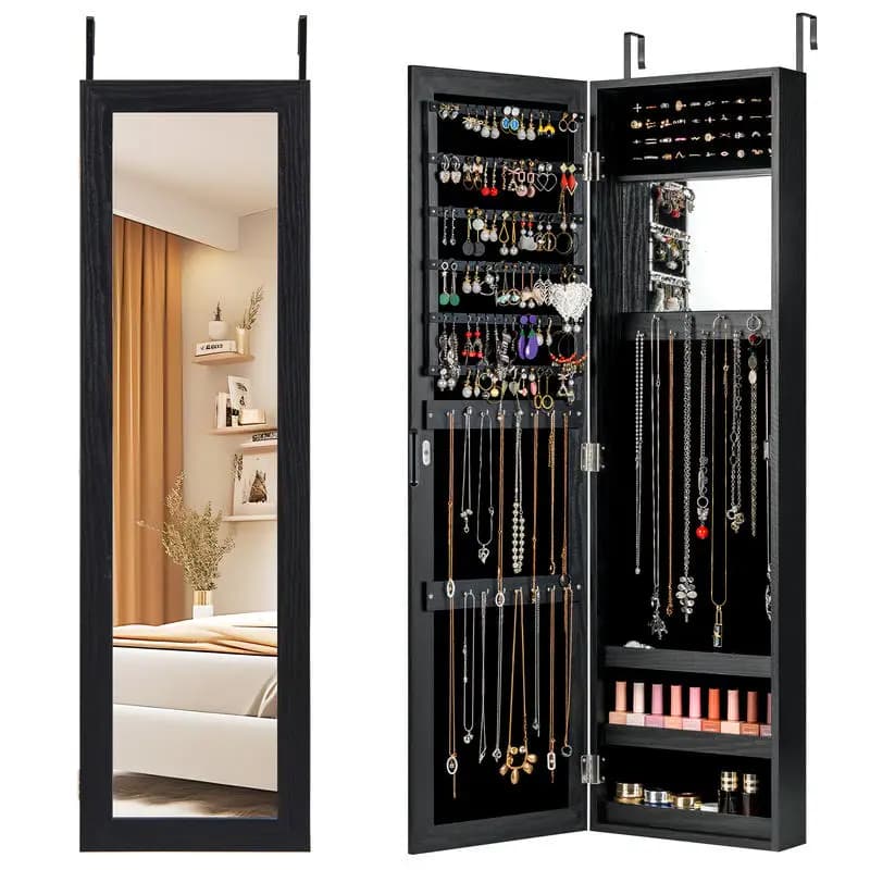 Locked Jewelry Armoire, Wall Mounted MDF Cabinet With Full Length Mirror And LED Light, 40 Ring Slots 25 Hooks Velvet Lined, Bedroom Store Organizer, Black
