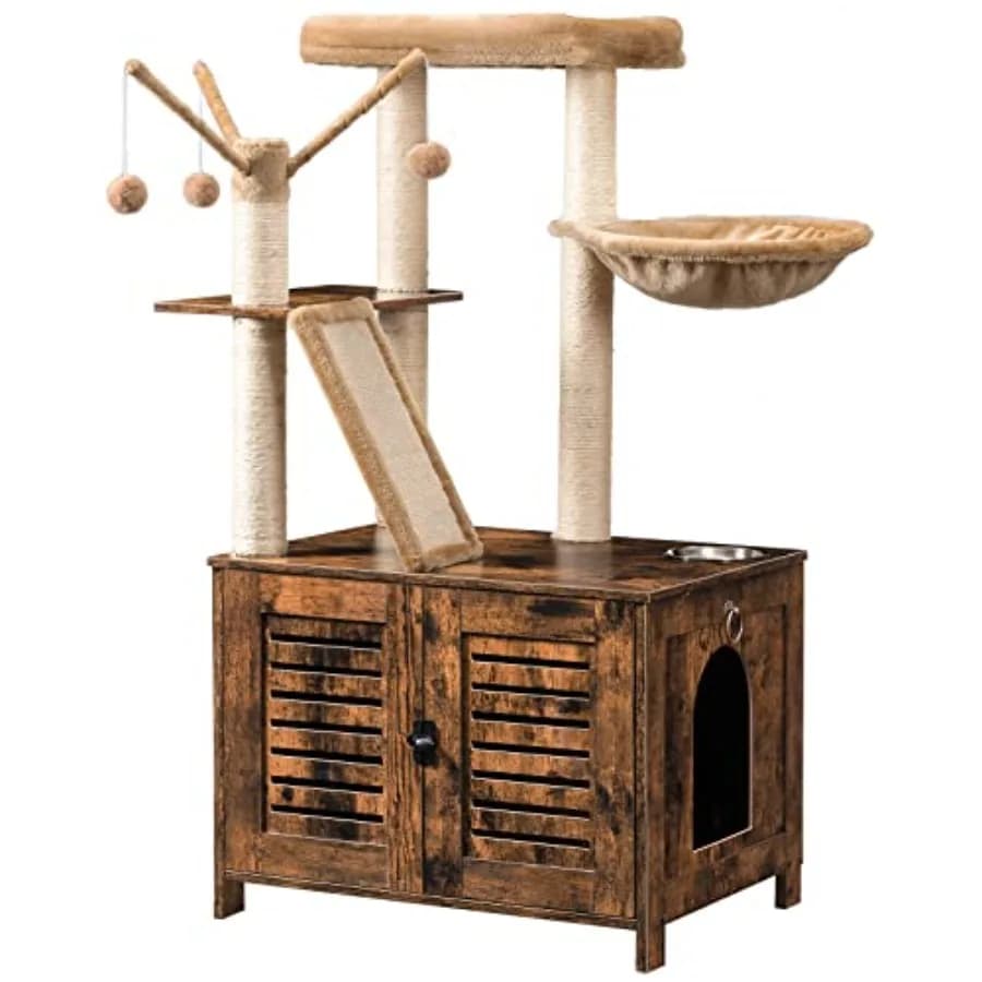 Albero per gatti in legno alto 44 pollici con box per lettiera, colore marrone rustico, con posti per grattare, amaca e lettiera nascosta