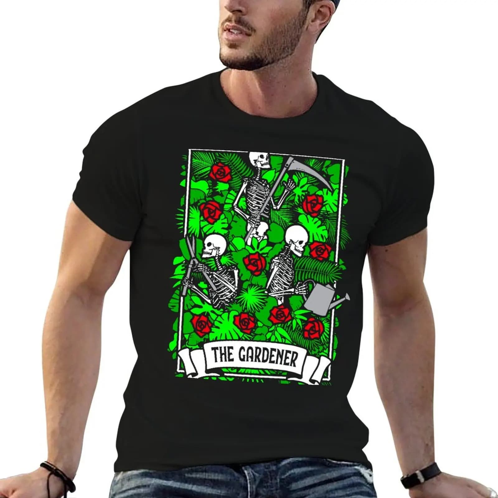 The Gardener Tarot Card Rose Gardening Plant Lover Skeleton T-Shirt Fashion Simple Casual Tee Shirt