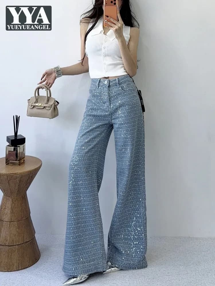 Women's Jeans Spring Hot Sale With Diamonds, Straight Leg, High Life, Fashion, Comfortable fit, Casual, Full Length
