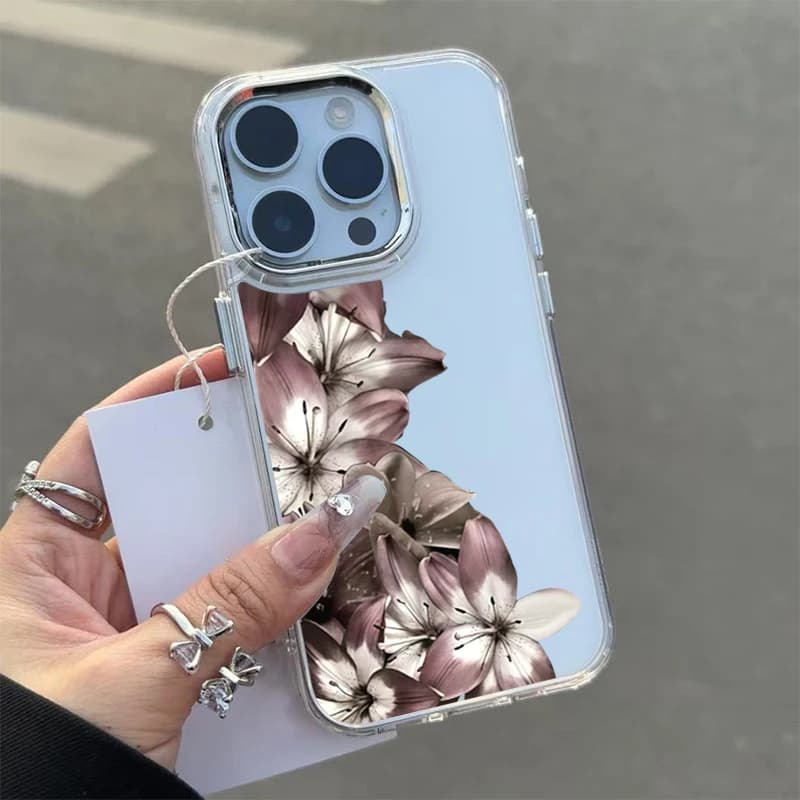 Gray-Purple Lily Trendy Pattern Metal Photo Frame Transparent Phone Case for iPhone 17 16 15 14 13 12 11 Pro Max Plus Air Cover