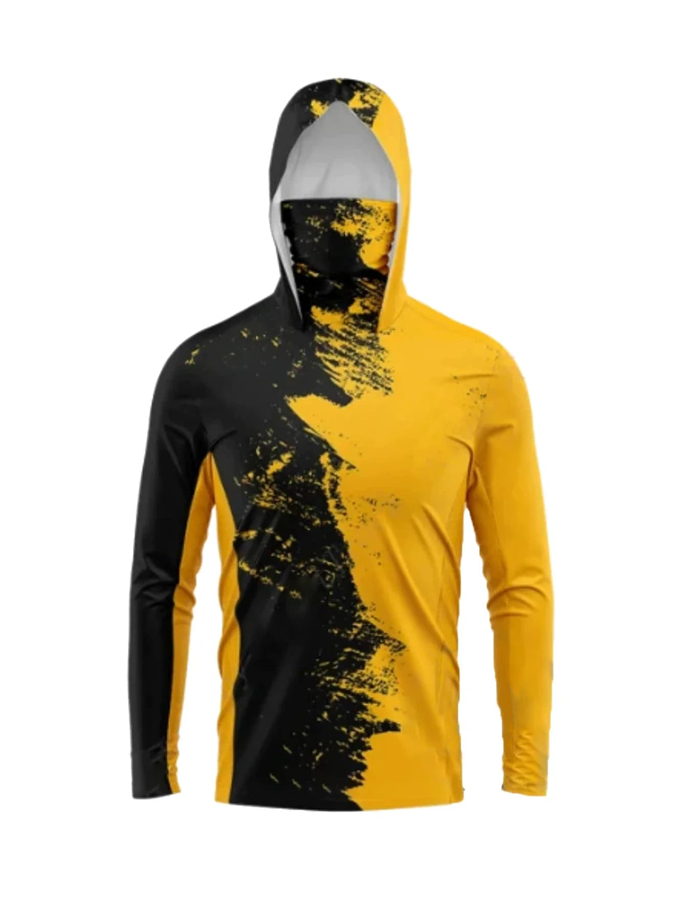 UPF50+ Sun‑Protective Men Fishing Hoodie Black Yellow Graffiti Splice Pattern Face Gaiter Quick Dry Long Sleeve Fishing Tee