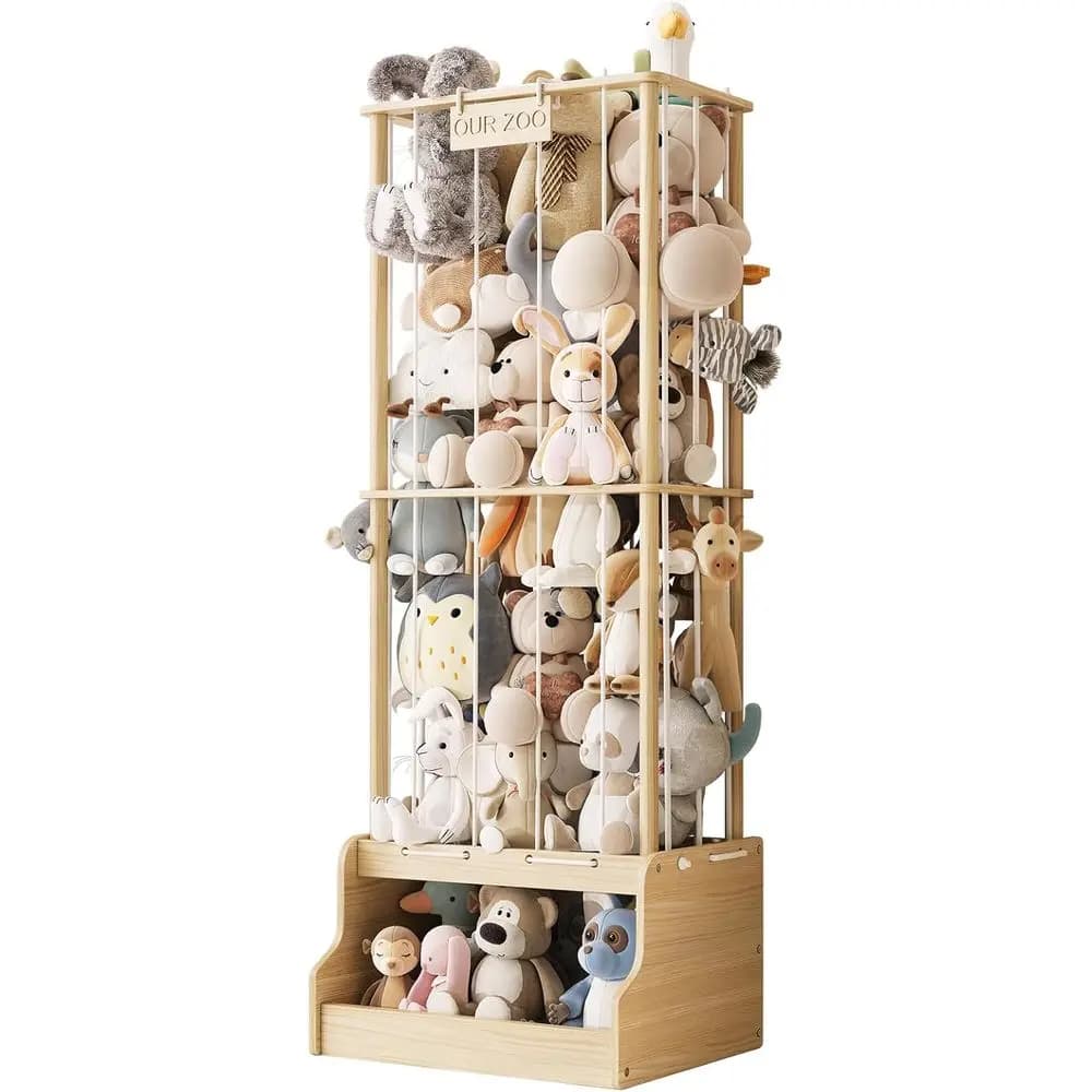 Contenitore in Legno per Peluche a Tema Zoo con Cassetto e Robuste Elastici per Sale Giochi, Soggiorni, Camere dei Bambini e Camere da Letto