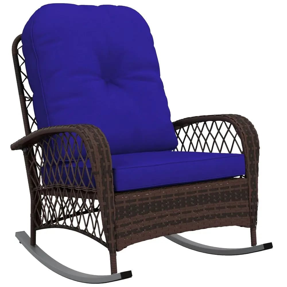 Outdoor wicker rocking chair with large seat, thick pillow, rattan pendant with steel structure for patio, garden, courtyard, terrace
