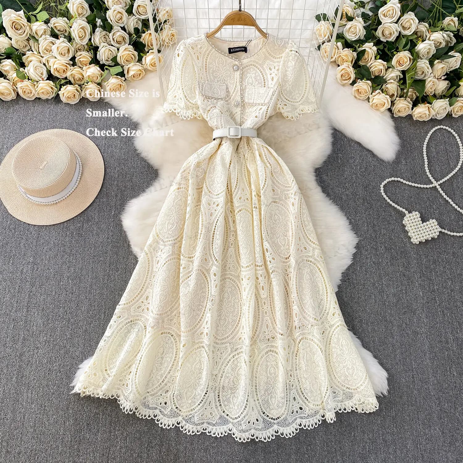 Women's lace long dress with light luxury pearls, summer short sleeve, line belt, single breast, dig out, embroidery, party midi dresses