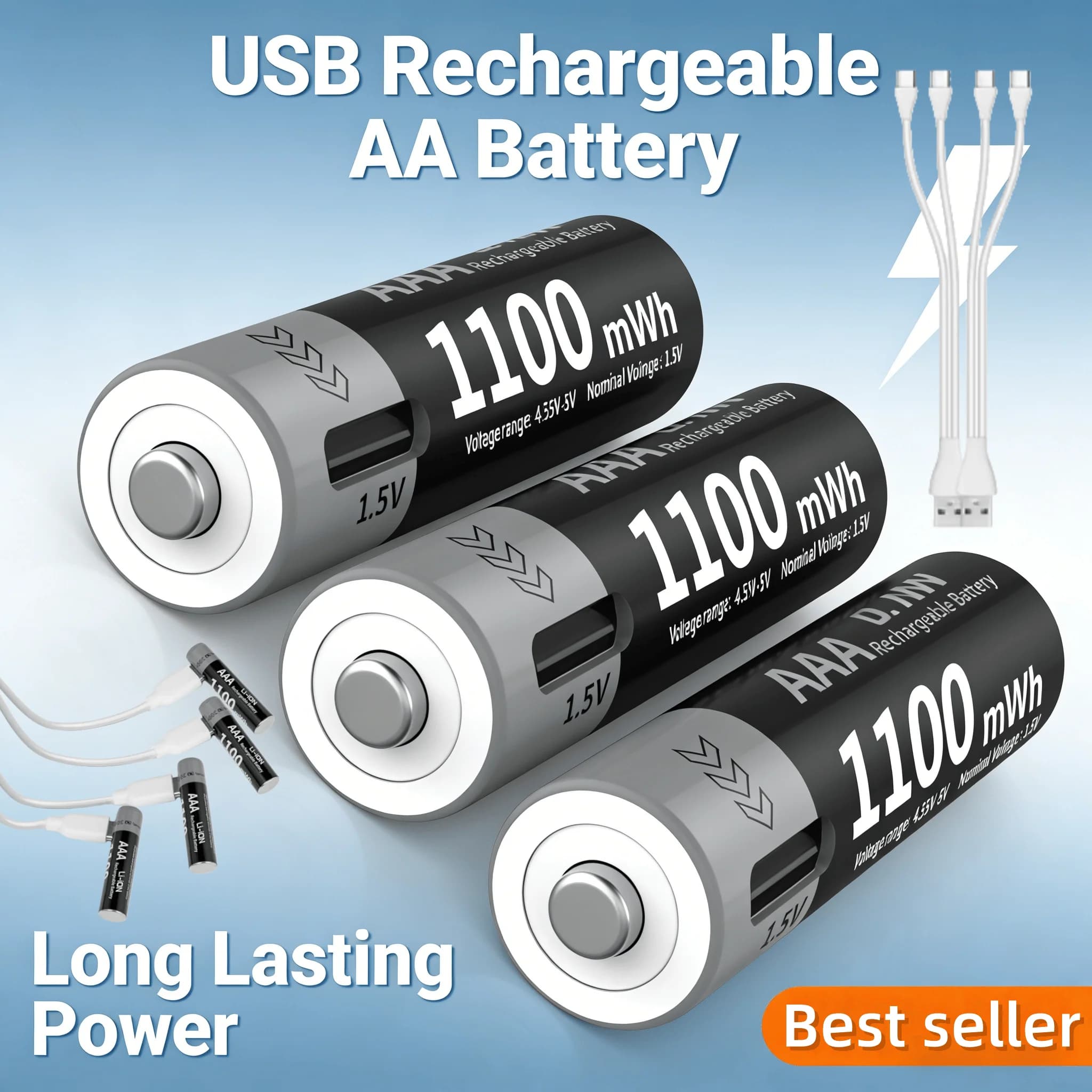 Batteria ricaricabile USB agli ioni di litio da 1,5 V AAA 1100 mWh con cavo 4-in-1, per serrature intelligenti, giocattoli, fotocamere, torce elettriche, telecomandi