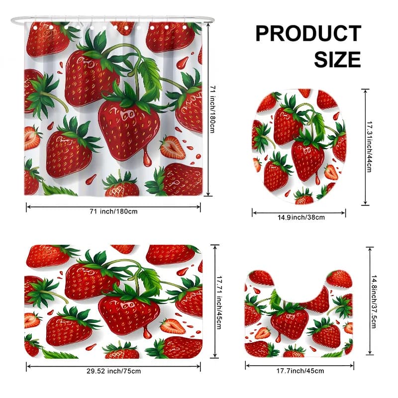 4Pcs Cartoon Red Strawberry Shower Curtain Set, Fresh Fruit White Background Waterproof Shower Curtain With Hooks, Non Slip Absorbent Bath Mat Toilet Lid Cover Cute Farmhouse Bathroom Decor Kit
