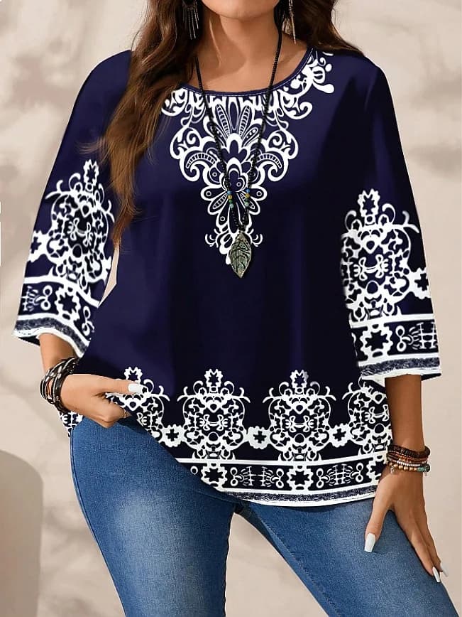 Plus Size Women's Boho Floral Print T Shirt Navy Blue 3/4 Sleeve Casual Comfy Summer Top