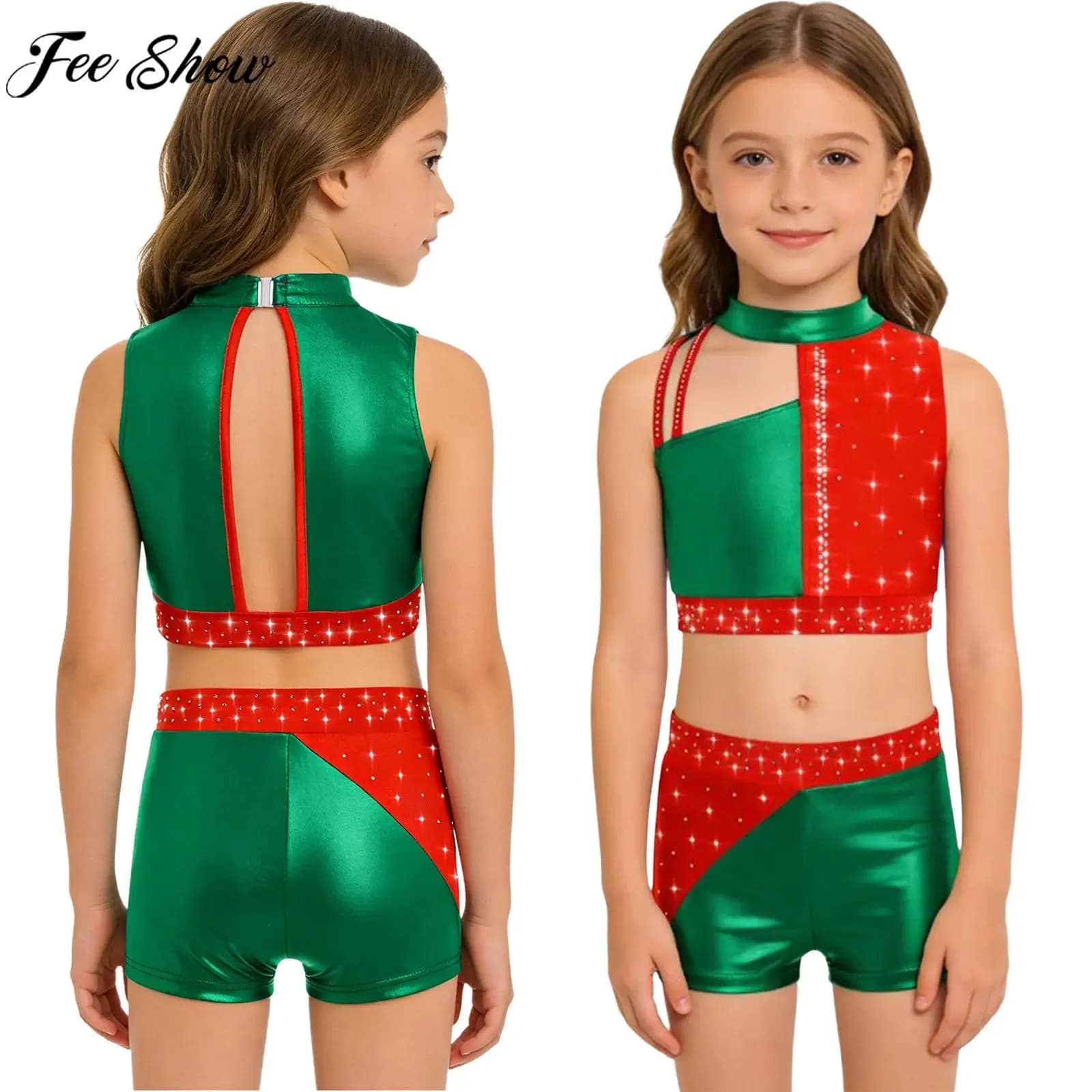 Costume da ginnastica per bambina, pattinaggio di figura, acrobazie, senza maniche, con strass metallici lucidi, pantaloncini corti, vestito da ballo jazz