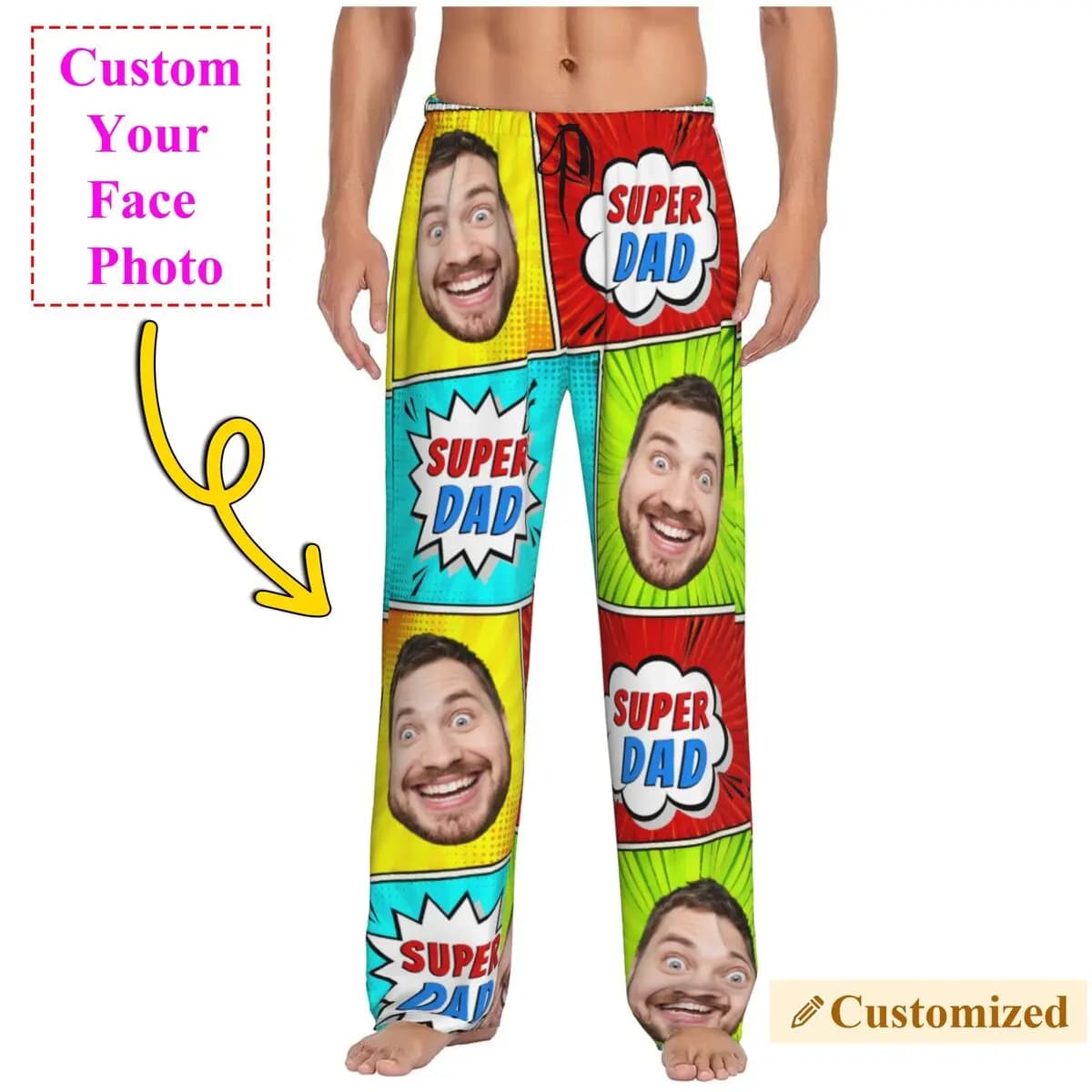 Pantaloni da pigiama personalizzati da uomo Super Dad Design personalizzato con foto del volto Indumenti da notte Pantaloni da notte con tasche