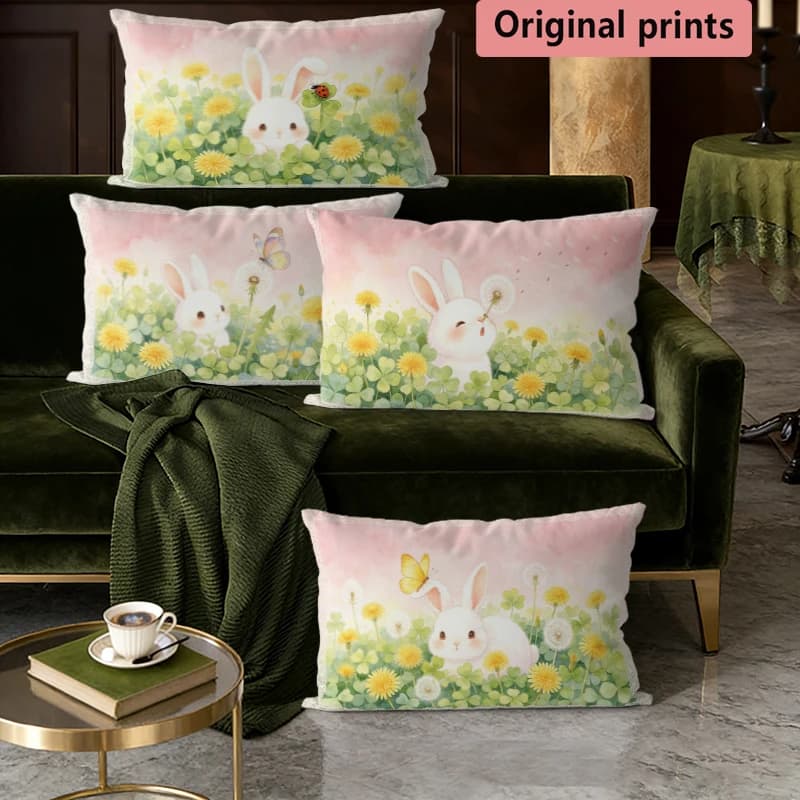 Spring Bunny Floral Throw Pillow Covers Suitable For Sofa Bedroom Car Cushion Rectangular Back Cushion