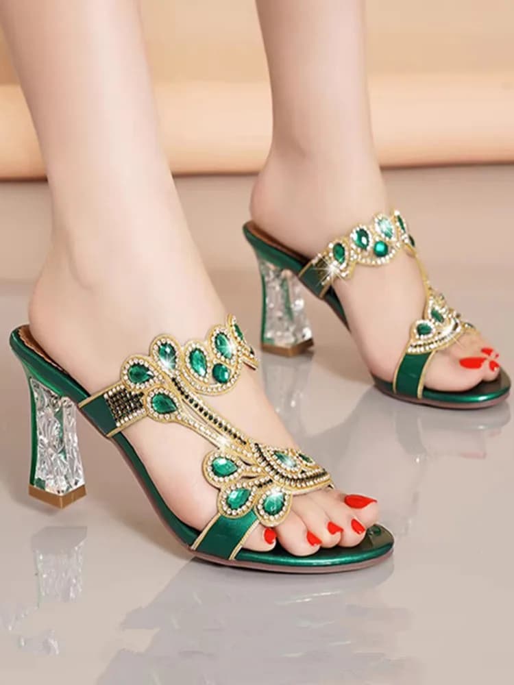 Fashionable Water Diamond Women's Sandals mid Heel High Heel Summer Outdoor Slippers Buckled Strap Metal Embellished Crystal