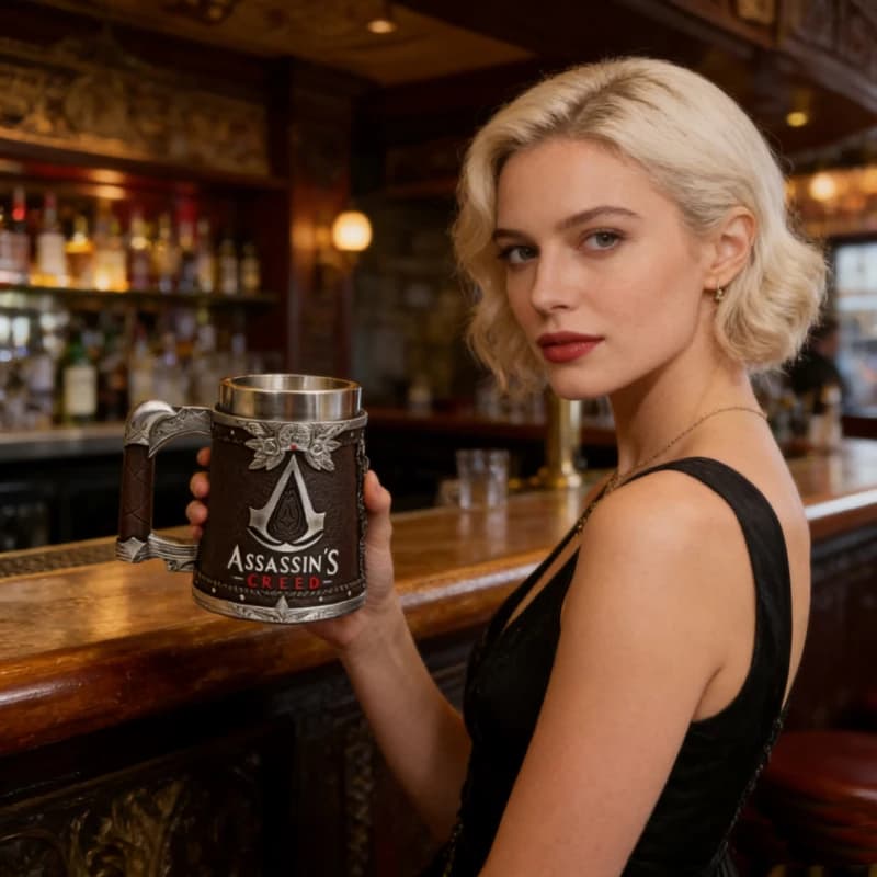 Boccale da Birra Medievale per Gamer - Tazza in Acciaio Inossidabile a Tema Assassino, Articolo per Bevande Artigianale in Resina Vintage per Bar e Arredamento Casa