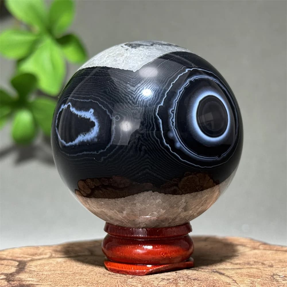 Sfera di Agata Nera Naturale, Cristallo Minerale per Arredamento Feng Shui, Ornamenti Energetici, Guarigione dell'Aura, Stregoneria, Meditazione, Gemma + Base