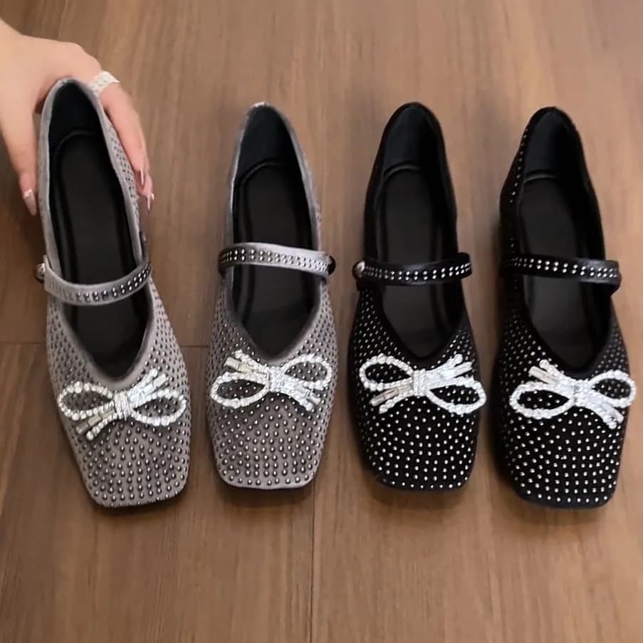Scarpe basse da donna con punta quadrata decorate con strass Mocassini stile Mary Jane Scarpe con tacco basso Bocca superficiale Scarpe da donna alla moda
