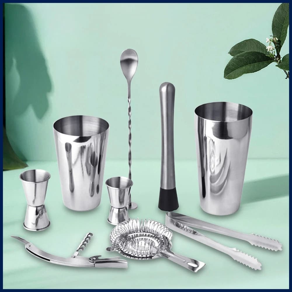 Set shaker per cocktail da 9 pezzi in acciaio inossidabile – Kit da barista professionale con scatole shaker Boston e strumenti di miscelazione