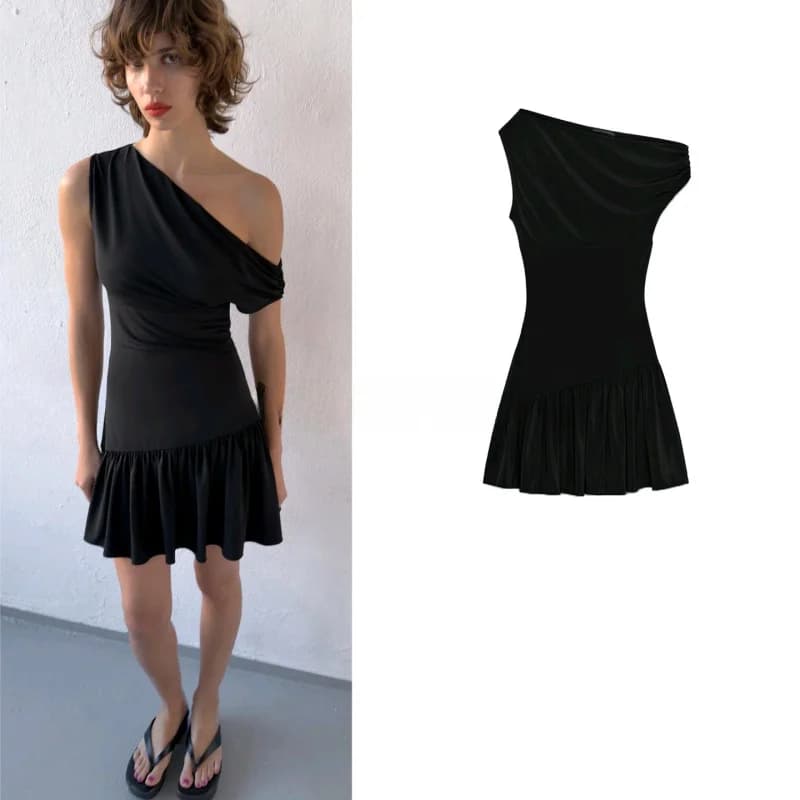 Spring New Women's Asymmetric Short Sleeveless Folded Neckline Beach Vacation Style Dress Polyester A-Line Silhouette Casual ...