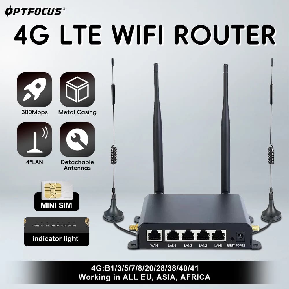 Router WIFI OPTFOCUS LTE 4G 300Mbps 4 antenne staccabili Router wireless 1WAN 4LAN USIM Slot per schede Router Wifi industriale