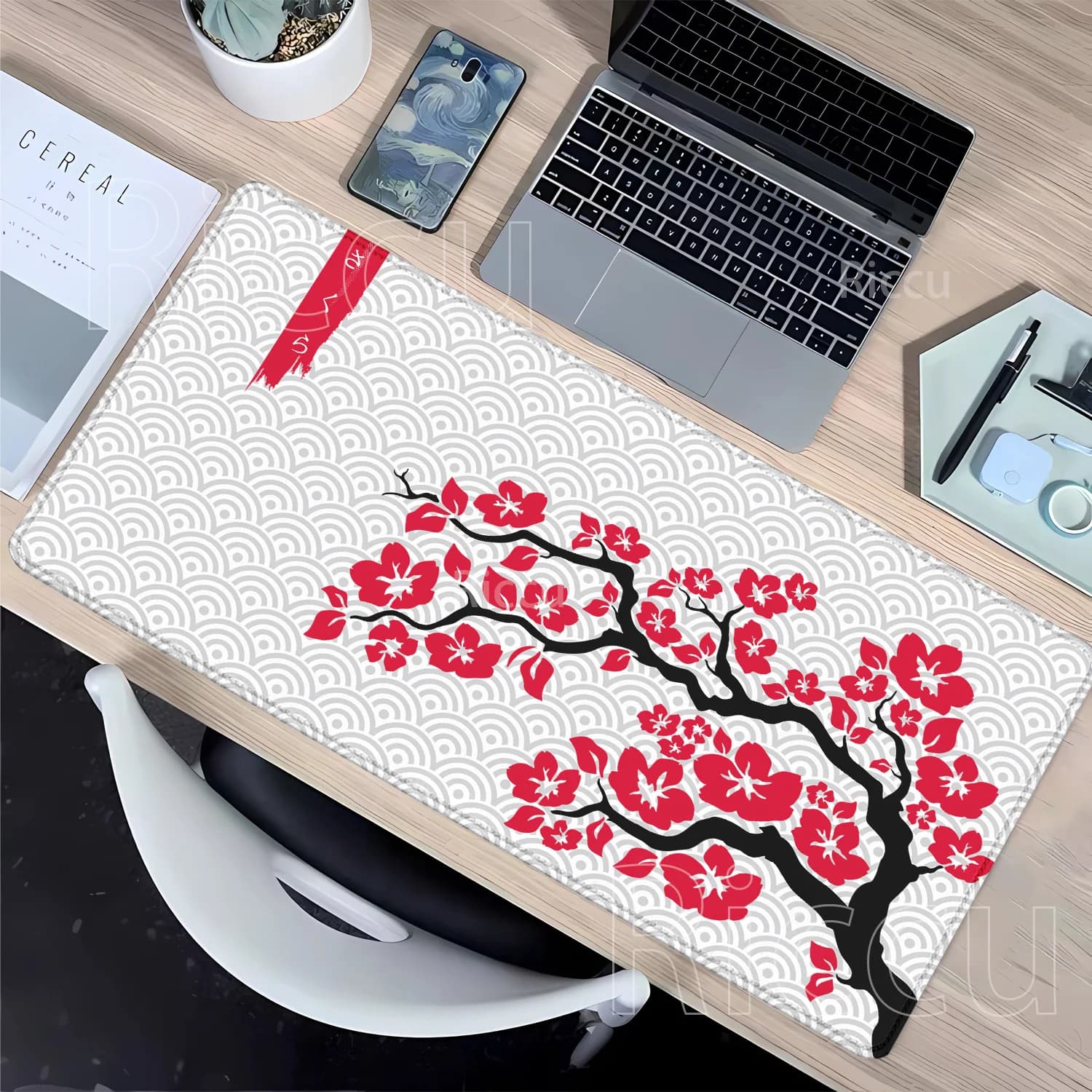 Sakura large game mouse mat with cherry blossoms 400x900mm, computer mouse mat, office keyboard mat, HD print, XXL desk mat