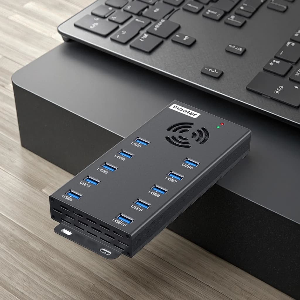 Sipolar A423 Stock Industrial USB 3.0 Hub 10 Ports 5Gbps 120W Metal Power Adapter Cooling Fan for VR Tablet