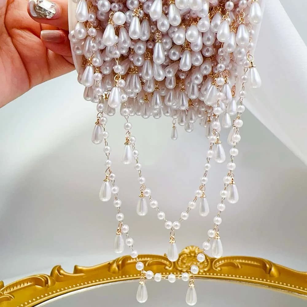 0.5M 1M Imitation Pearl Waterdrop Pendent Beaded Chain Plastic Beads Copper Chains for DIY Necklace Clothing Jewelry Making