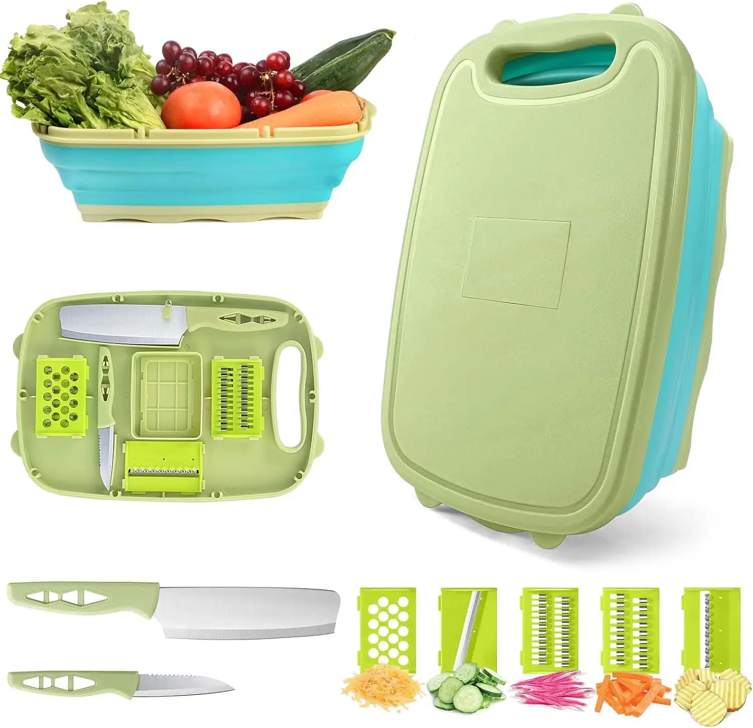 Tagliere da Campeggio, Tagliere Pieghevole con Scolapasta, Tagliere Multifunzione 9-in-1 con Cesto per Lavaggio Verdure