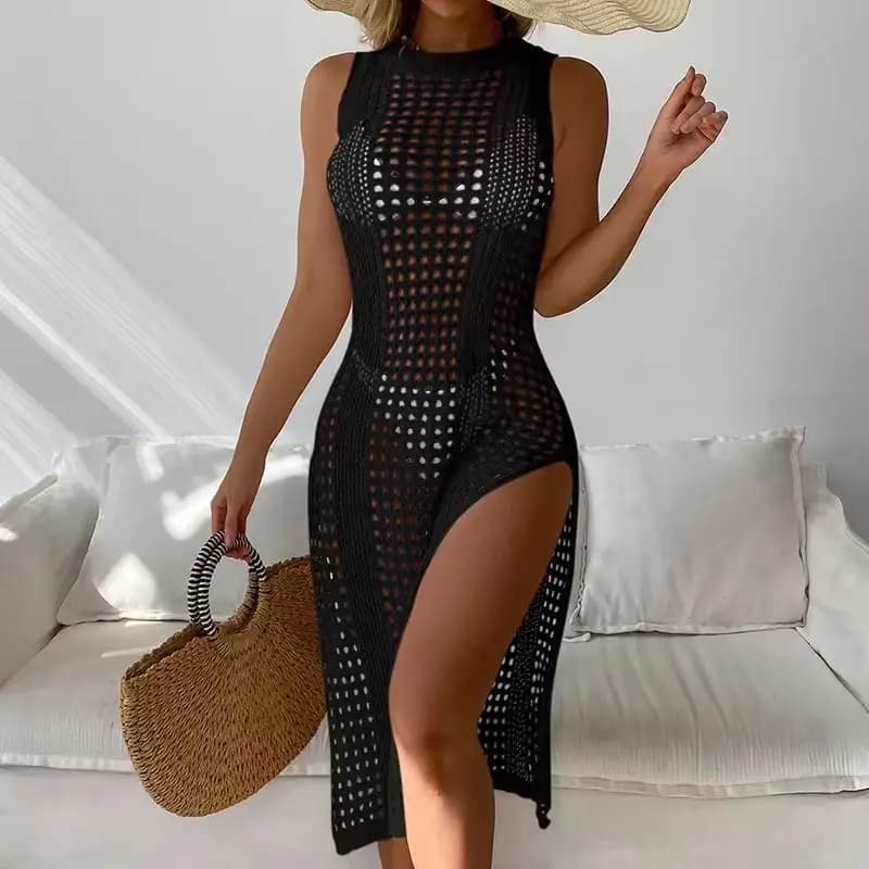 New Summer Dress 2026 Sexy Monocolored Crew Neckline Sleeveless, Beach Cover with Solar Protection