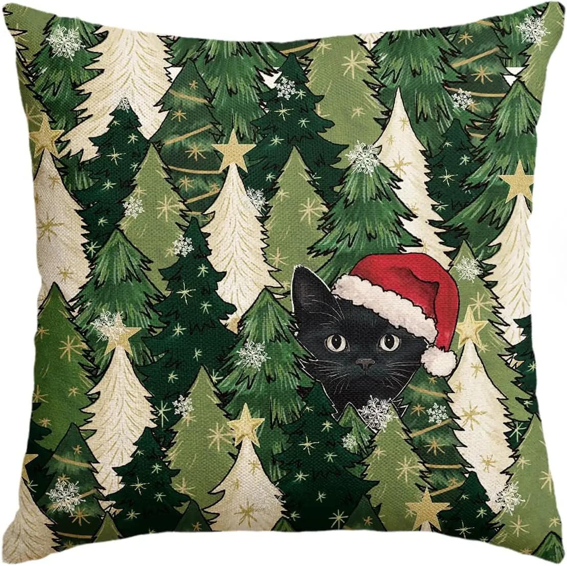 Christmas Black Cat Pillowcase, Green Pine Tree Pattern Cushion Cover, Santa Hat Kitten Art, Festive Holiday Sofa Decor Gift