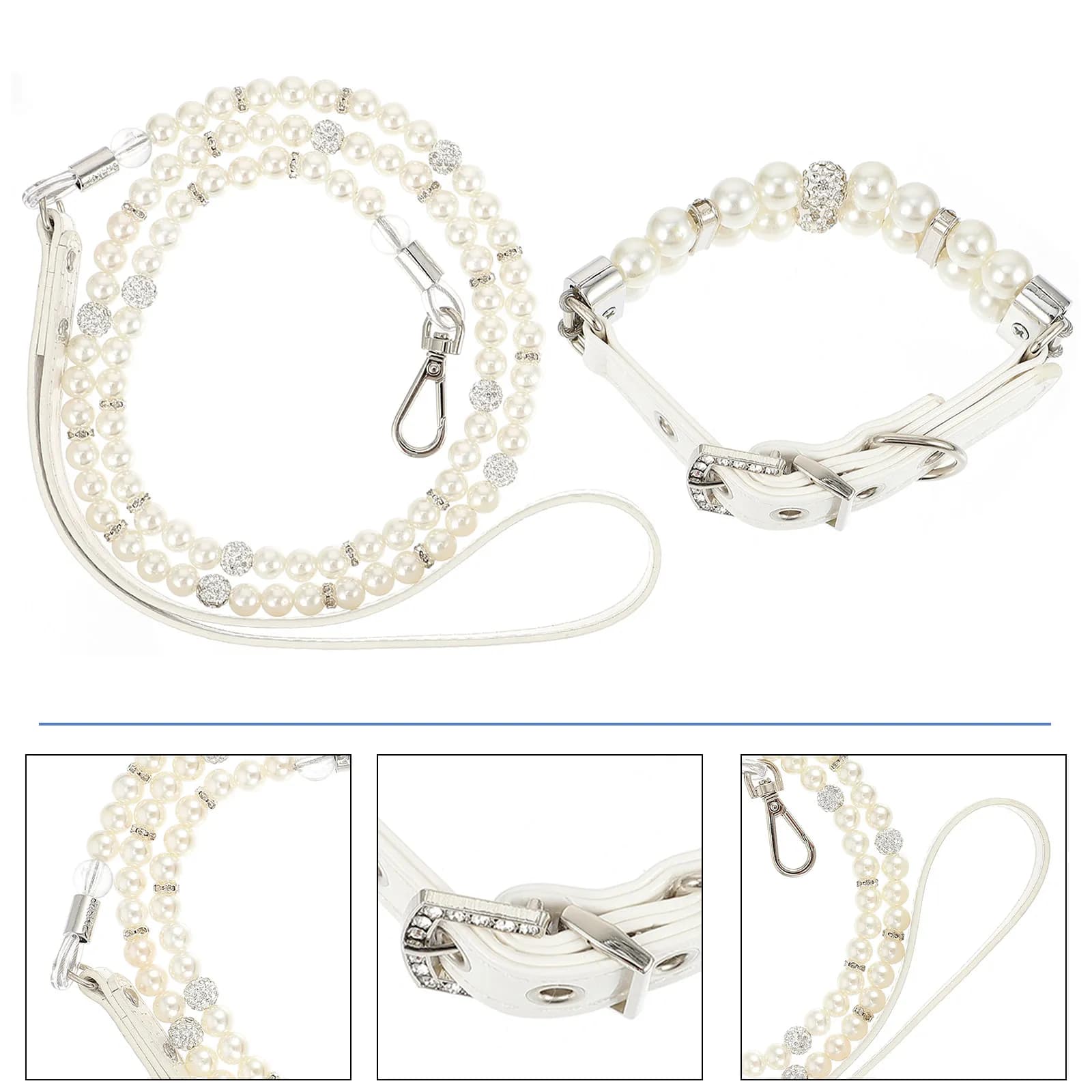 2Pcs Pet Dog Collar and Leash Set with Pearls Adjustable Soft Flexible Neckwear for Birthdays Weddings Photos Training Running
