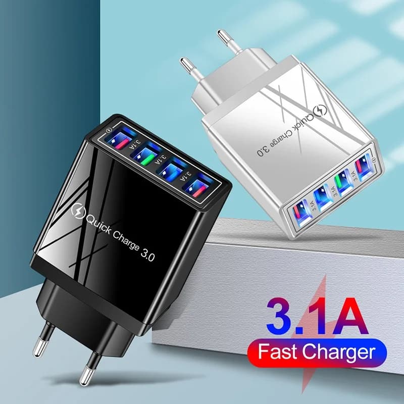Caricatore USB 3A con spina europea Multi porta 4 USB Quick Charge 3.0 per adattatore per tablet per telefono cellulare Caricatore da muro da viaggio portatile Caricatore rapido