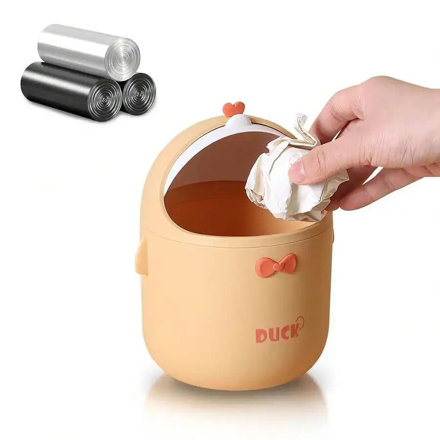 Cute Mini Desktop Trash Can With Lid Includes Trash Bags Small Plastic Wastebasket For Home Kitchen Office Vanity