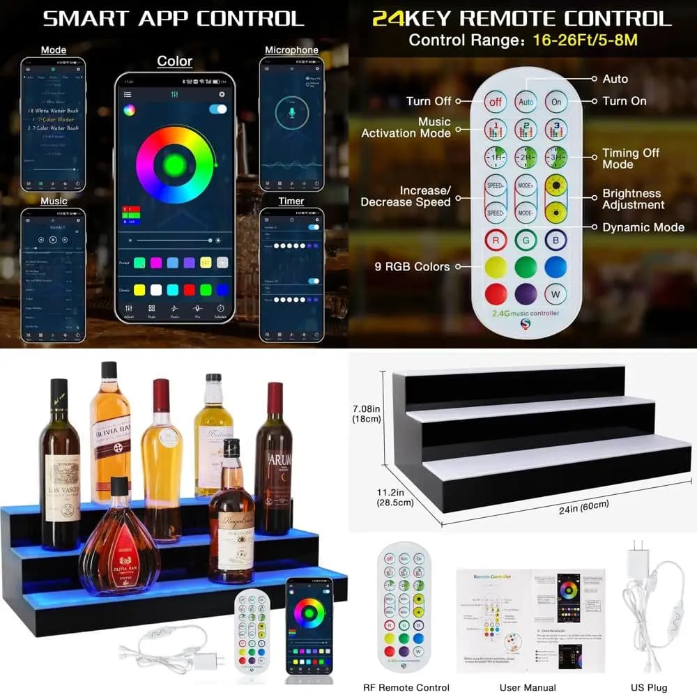 Espositore per Bottiglie a 3 Livelli con 24 LED, Controllo Remoto e App per Whisky, Vino e Altro