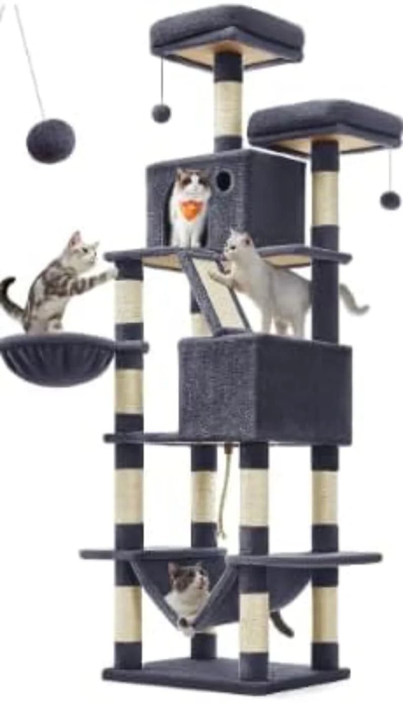 Cat Tree, 81.1-Inch Large Cat Tower, Multi-Level Condo, Smoky Gray with 13 Sisal Scratching Posts, 2 Perches, 2 Cave, Hammock, Basket, Pompoms for Indoor Cats, Easy to Assemble