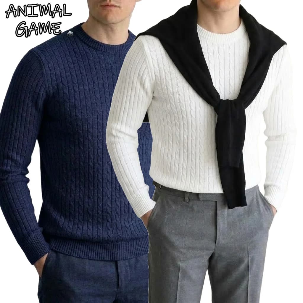 New Mens Cable Knit Sweater Long Sleeve Crewneck Pullover Winter Slim Fit Solid Color Casual Jumpers Classic Thermal Knitwear