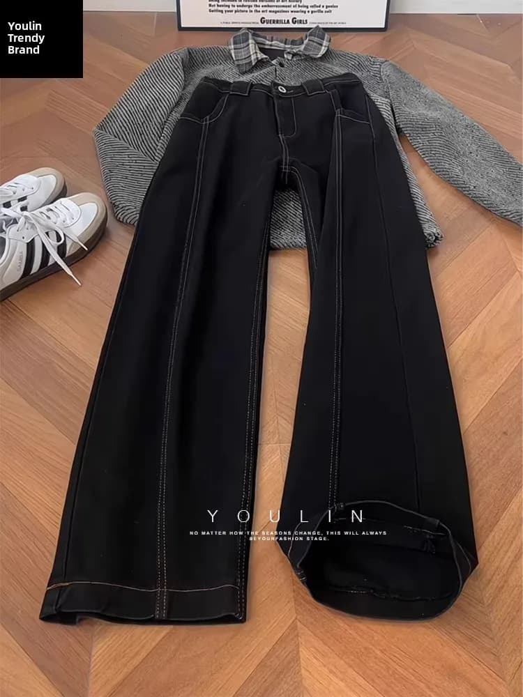 Bla Fce Lined Wide Leg Men's Jeans Slanted Cut Cleanfit Straight Loose Workwear Trousers High Waist Zipper Closure Casual