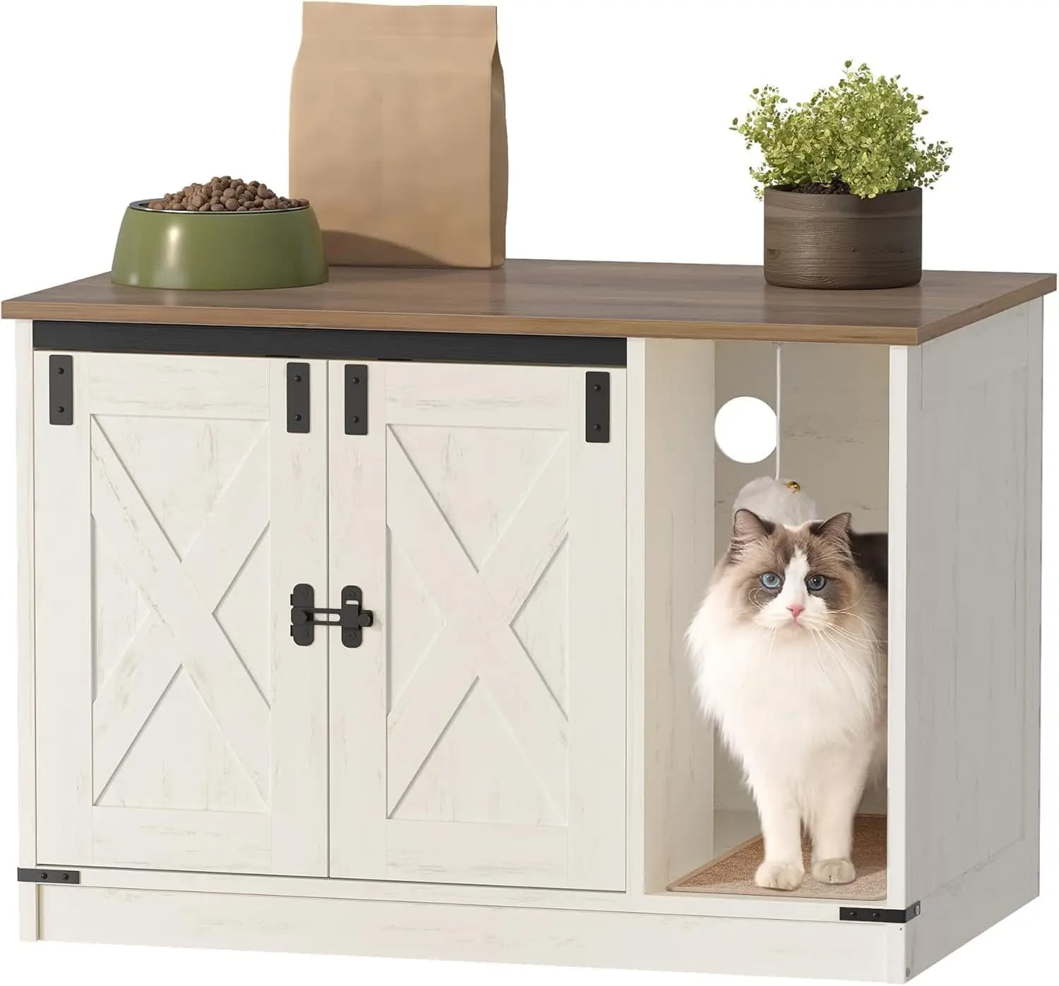 Hidden Cat Litter Box Cabinet Furniture with Bell, Farmhouse Style, 31.5x19.7x20.9 Inches, Rustic Brown and White