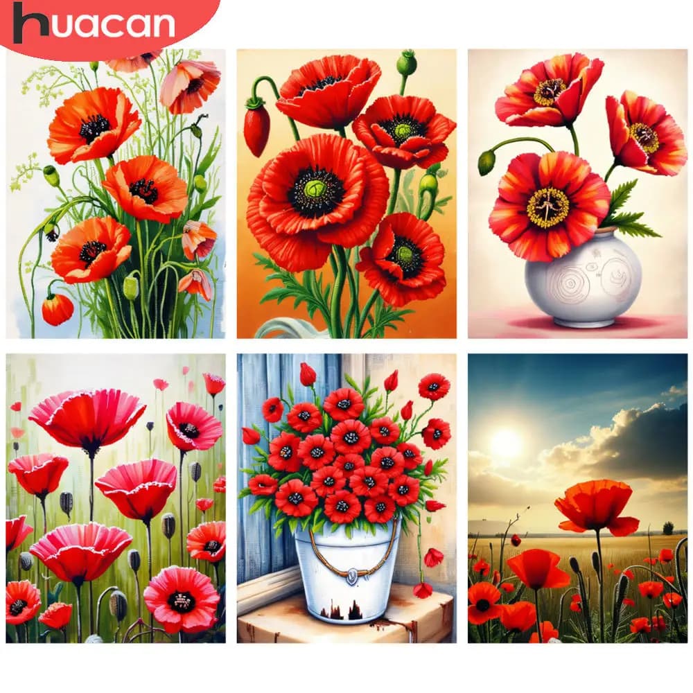 HUACAN Full Kits Diamond Painting Vibrant Poppy Blossoms Synthetic Beauty Kits Flowers 5D Diamond Embroidery DIY Mosaic