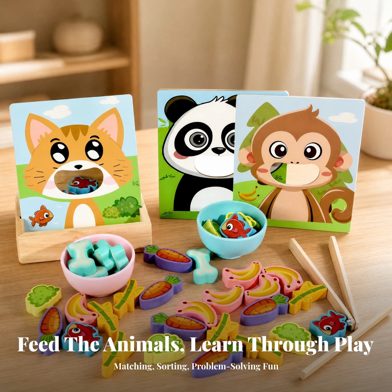 Wooden Early-Learning Feeding Game Educational Wooden Feeding Toy with Tools Preschool Manipulatives Set Hands-on Safe