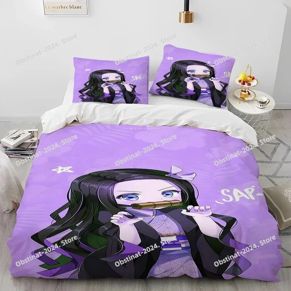 Set biancheria da letto Demon Slayer Kamado Nezuko Stampato singolo Piumino Trapunta Copripiumino Federa 3 pezzi Bambini Taglia adulto