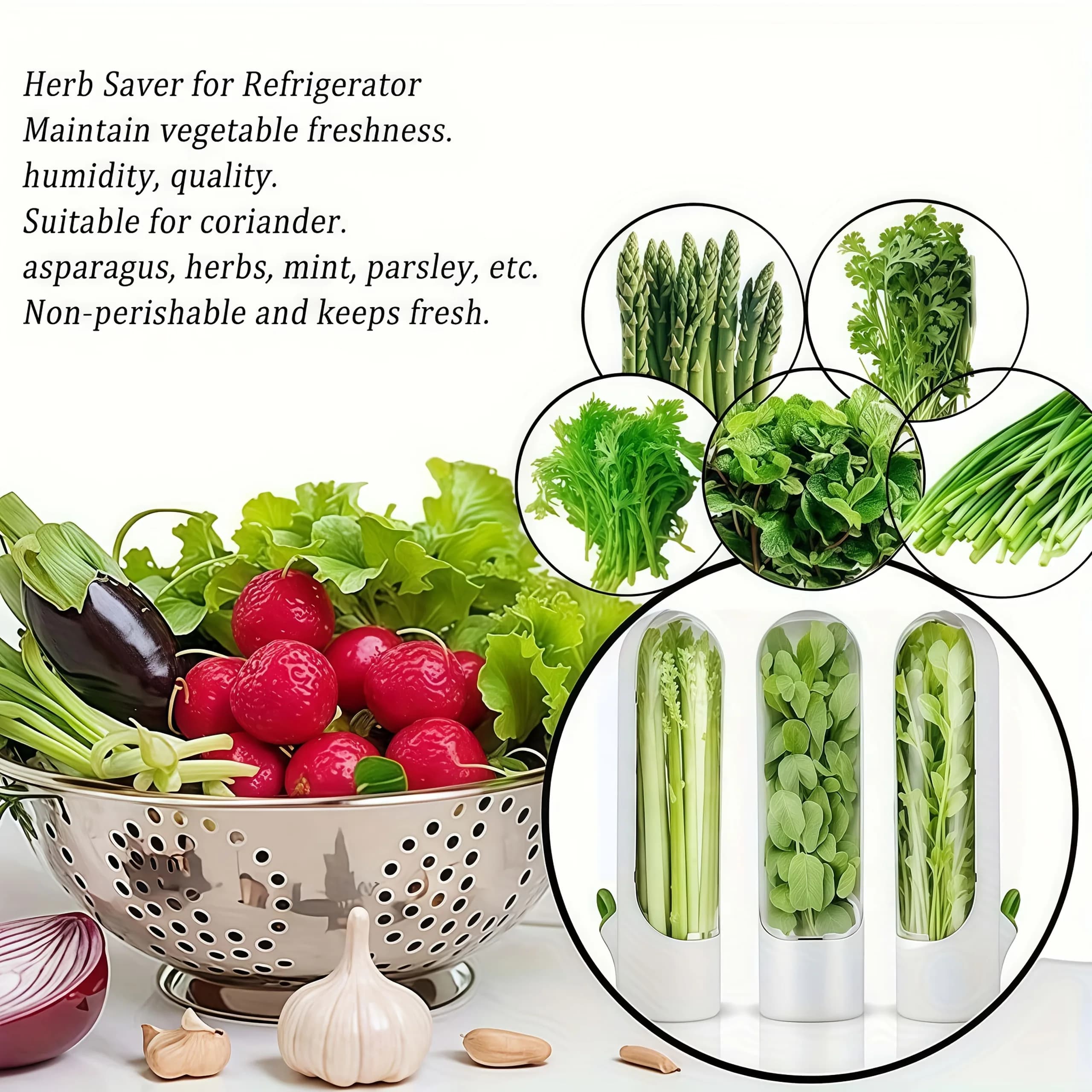 Set of 3 white vegetable storage containers with lids—designed to keep vegetables fresh for 1–7 days; suitable for organizing and refrigerating items such as cilantro, green onions, garlic, and celery.