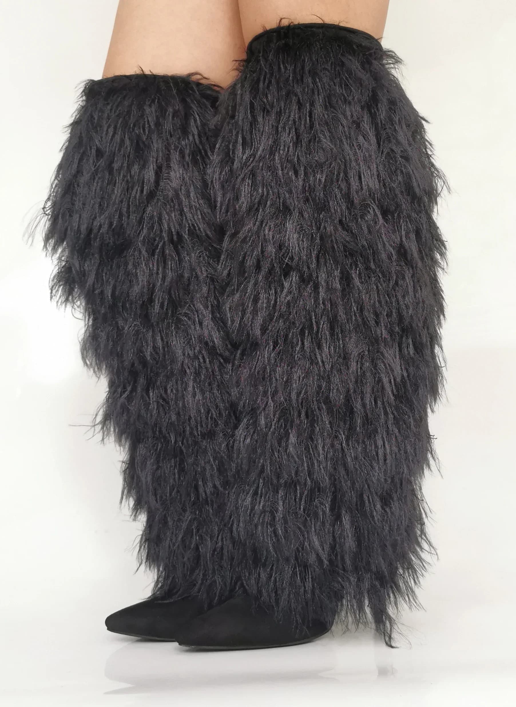 2026 New Blowjob High Knee Boots Women's Pointee Heel High Slim Fashion Stroller Long Hair Boots Black Party Boots