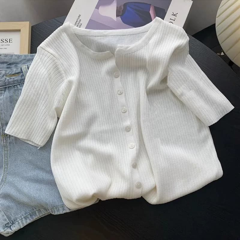 Knitted Sweater Women Cardigans V-Neck White Sweaters Knit Sweater Cardigan Women Tops New Summer Short Sleeve Knitwears Q3946