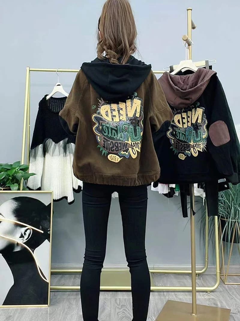 Retro Hooded Fleece Jacket Women's Casual Fashion Slim Fit Short Coat Autumn Winter Clothes Patchwork Color Block Print Zipper