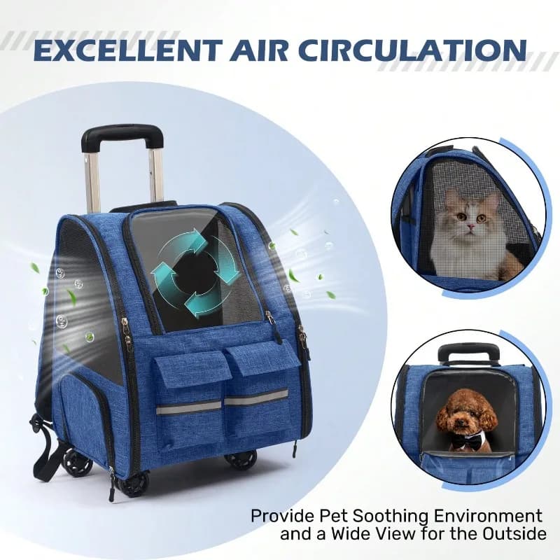 2-In-1 Trolley Pet Cat Bag | Cat Carrier With Wheels, Airline Approved Pet Carrier With Telescopic Handle, Polyester Rolling Dog Cat Carrier With Zipper Closure, Detachable Soft-Sided Travel Carrier With Shoulder Strap And Safety Leash Features