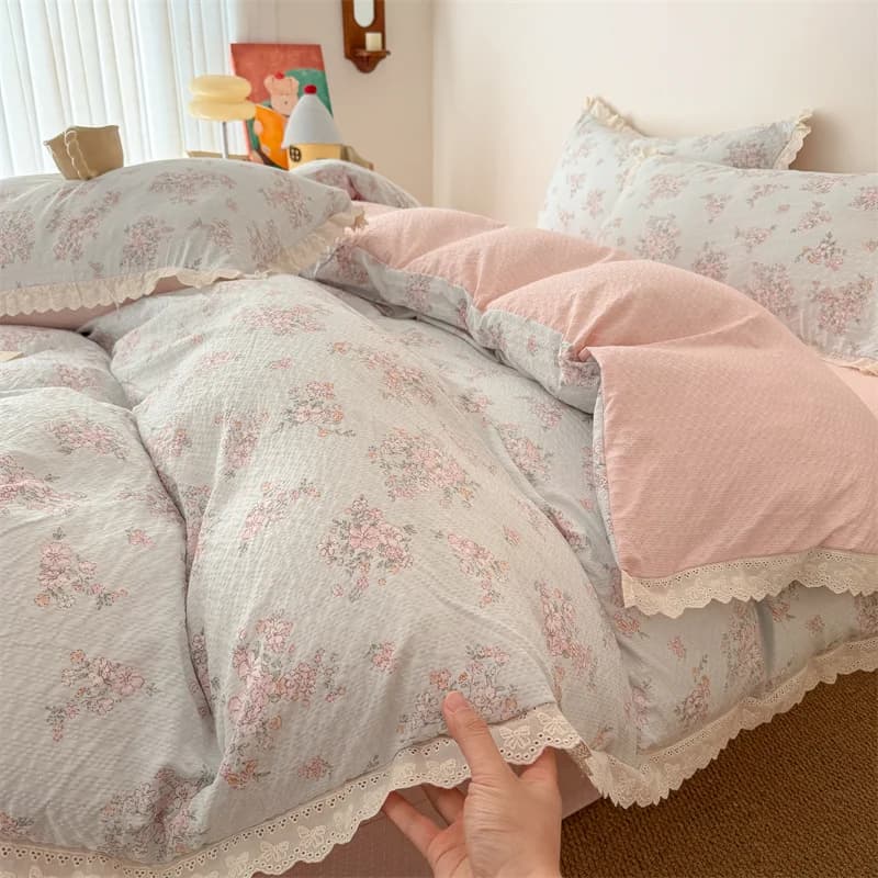 Set di Biancheria da Letto in Garza a Doppio Strato con Pizzo, Lenzuola Singole/Matrimoniali per Casa, Set di Biancheria da Letto con Stampa Floreale, Set di Lenzuola Morbide